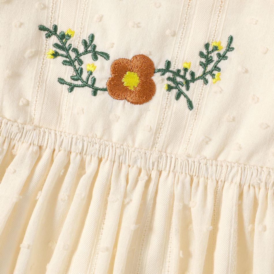 100% Cotton Baby Girl Floral Embroidered Solid Swiss Dot Ruffle Trim Sleeveless Dress BlanchedAlmond big image 4