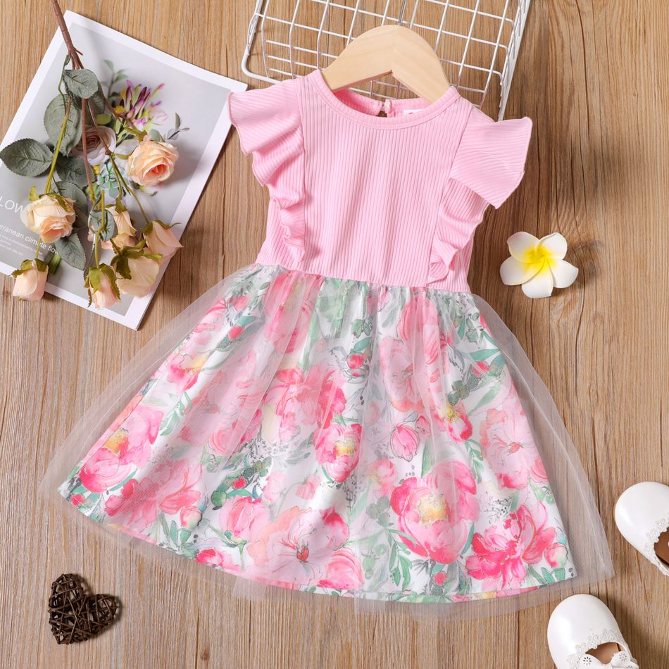 Toddler Girl Floral Print Mesh Design Splice Ruffled Sleeveless Pink Dress pink