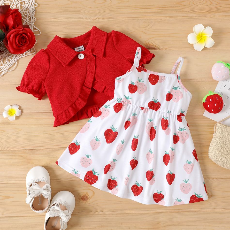 2pcs Baby Girl Allover Strawberry Print Cami Dress and Solid Frill Trim Puff-sleeve Cardigan Set REDWHITE