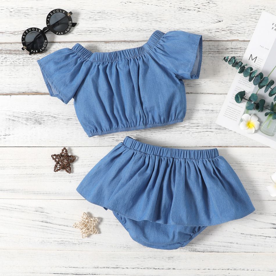 100% Cotton 2pcs Baby Girl Button Front Solid Denim Short-sleeve Crop Top and Shorts Set Light Blue big image 2