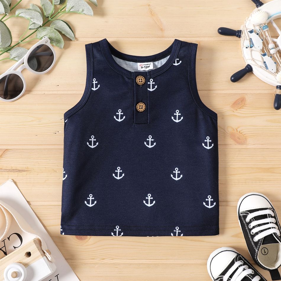 Baby Boy Button Front Allover Anchor Print Tank Top Tibetanblue