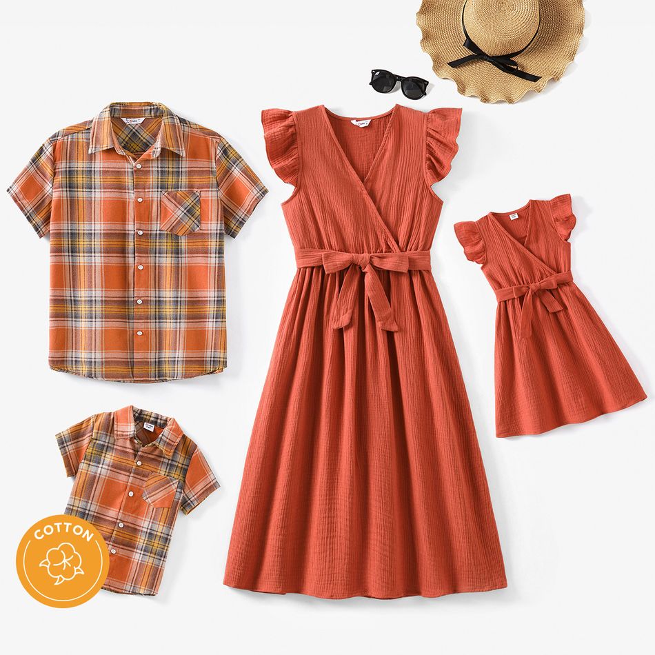 Family Matching 100% Cotton Crepe Solid V Neck Flutter Sleeve Dresses and Short-sleeve Plaid Shirts Sets Orange red