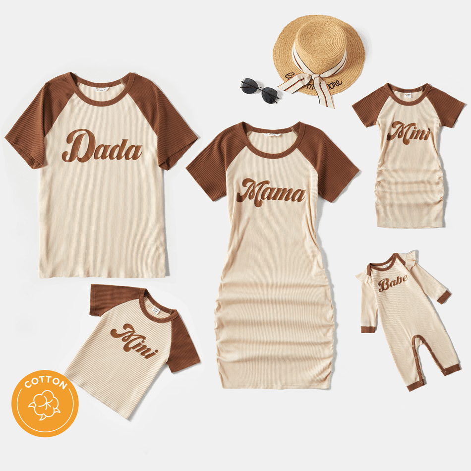 Family Matching Cotton Letter Print Raglan Short-sleeve Ruched Bodycon Dresses and T-shirts Sets Apricot