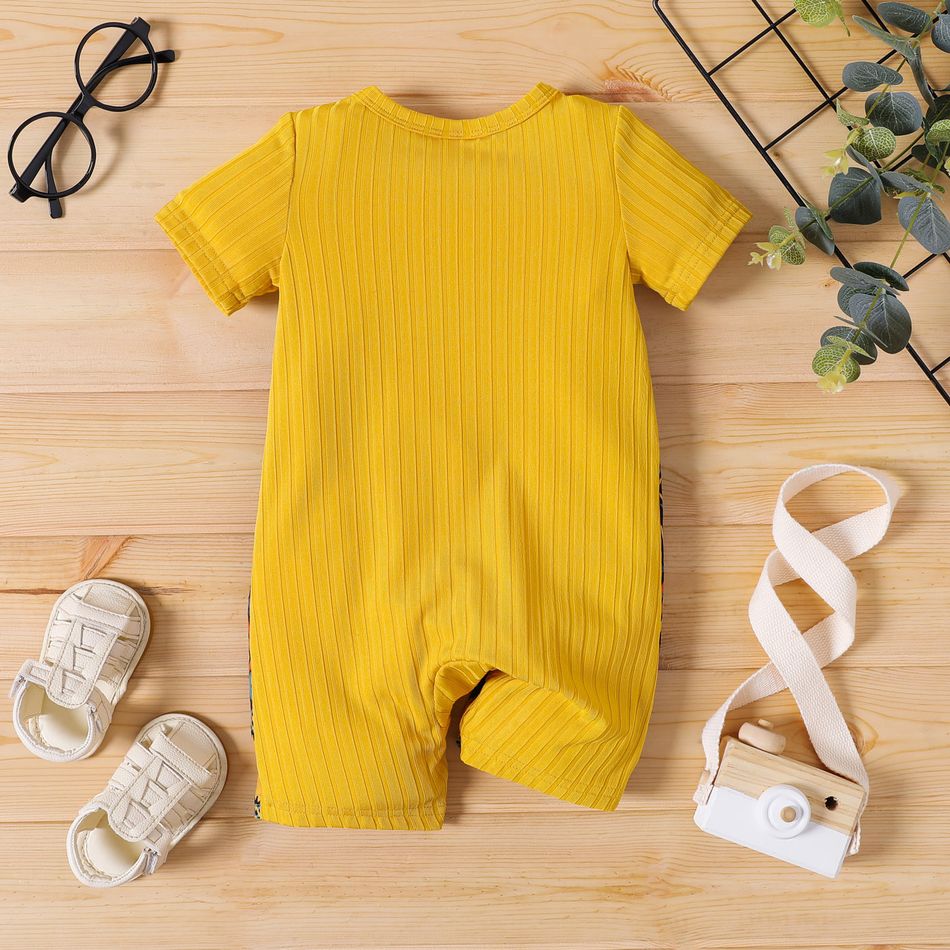 Baby Boy Solid Rib Knit Short-sleeve Spliced Boho Print Romper Color block big image 2