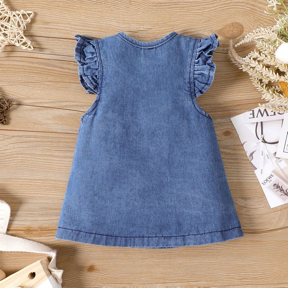 Baby Girl Double Breasted Ruffle Trim Flutter-sleeve Denim Dress Blue big image 2