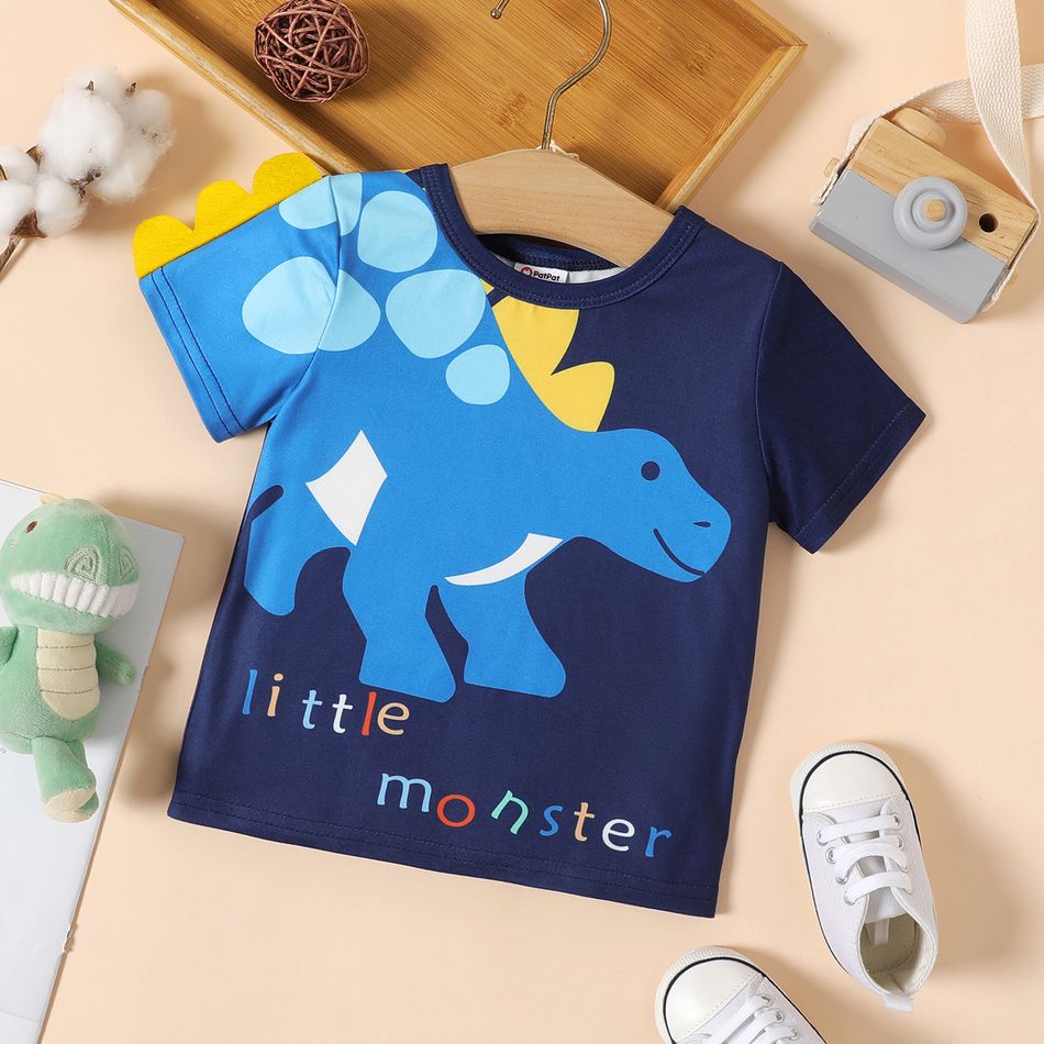 Baby Boy Cartoon Dinosaur & Letter Print Short-sleeve T-shirt Deep Blue big image 1