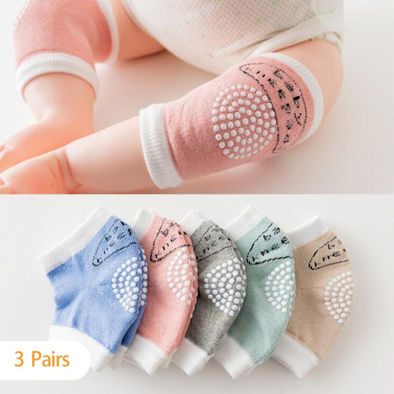 3-Pairs 100% Cotton Baby Knee Pads for Crawling Anti-Slip Knee Unisex Baby Toddlers Kneepads Grey
