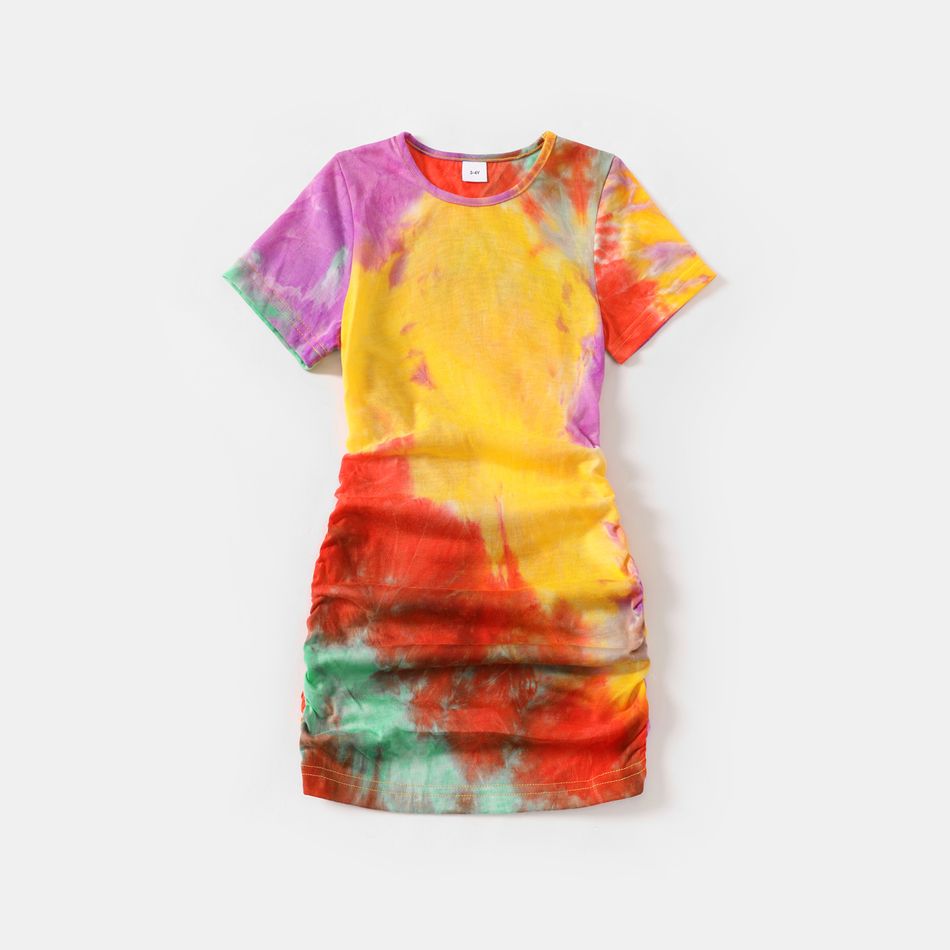 Tie Dye Round Neck Short-sleeve Ruched Drawstring Bodycon Dress for Mom and Me Colorful big image 5