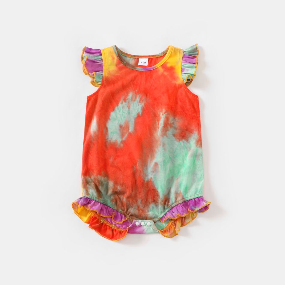 Tie Dye Round Neck Short-sleeve Ruched Drawstring Bodycon Dress for Mom and Me Colorful big image 7