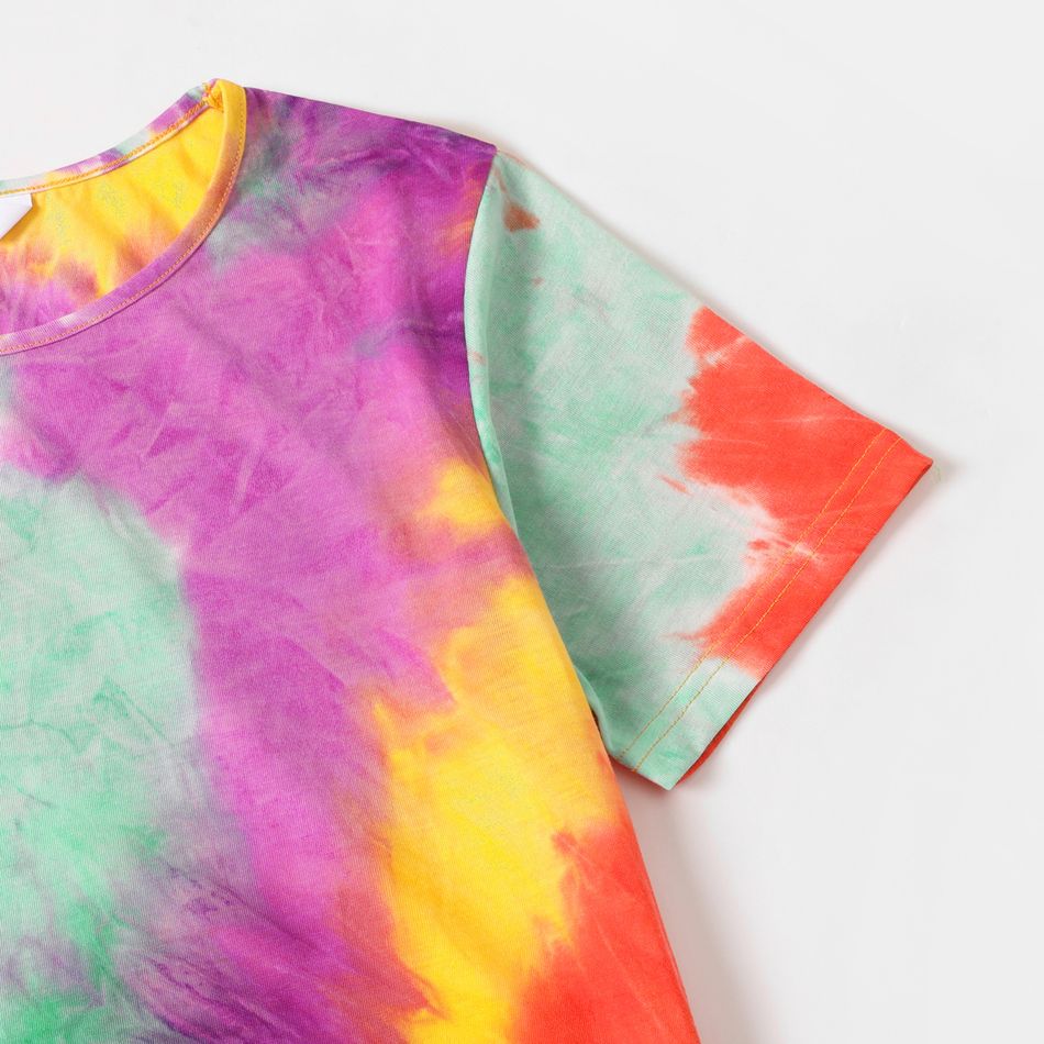 Tie Dye Round Neck Short-sleeve Ruched Drawstring Bodycon Dress for Mom and Me Colorful big image 3