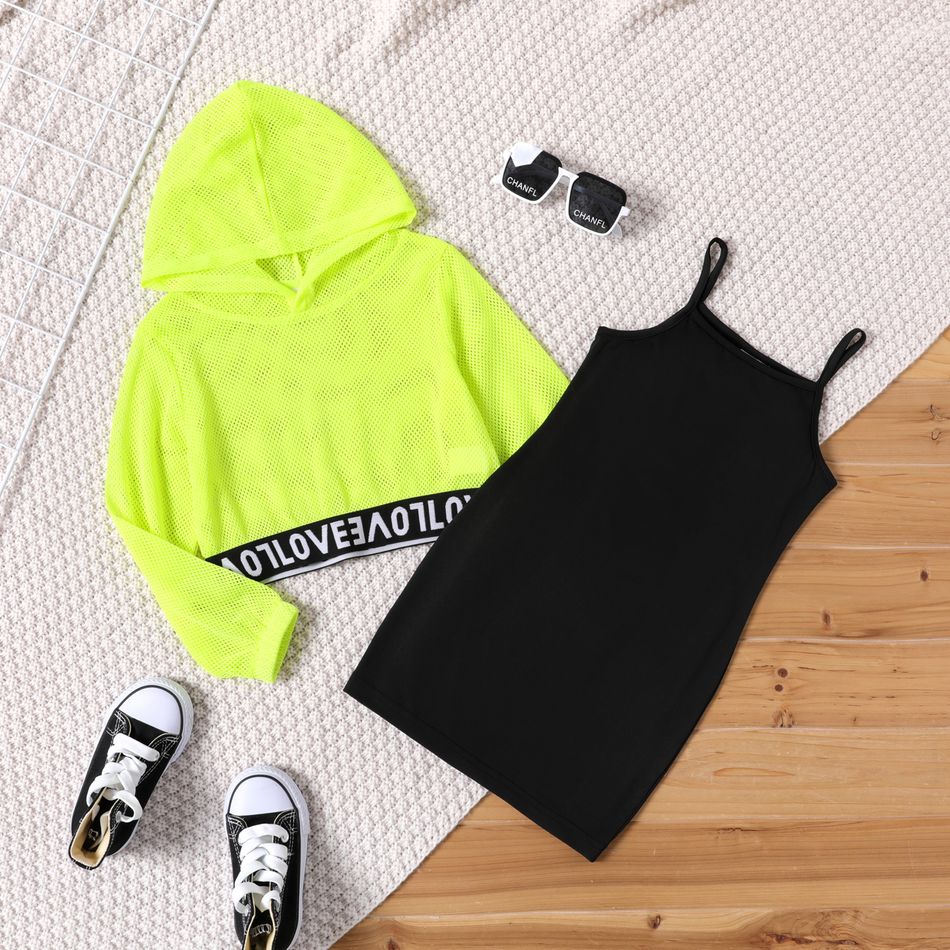 2pcs Toddler Girl Black Slip Dress and Letter Print Long-sleeve Hooded Tee Set Light Green