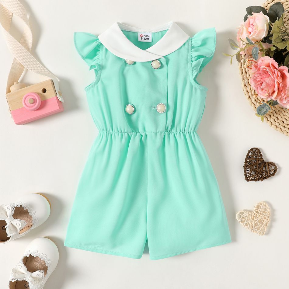 Baby Girl Contrast Collar Double Breasted Solid Flutter-sleeve Romper Mint Green