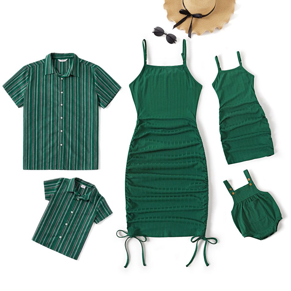 Family Matching Green Ribbed Drawstring Ruched Bodycon Cami Dresses and Striped Short-sleeve Shirts Sets Green