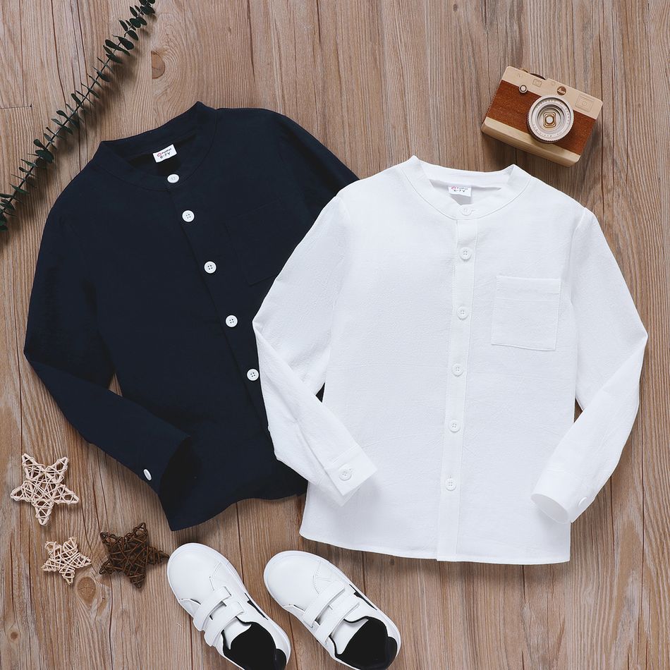 Kid Boy 100% Cotton Solid Color Button Pocket Design Long-sleeve Shirt White big image 2