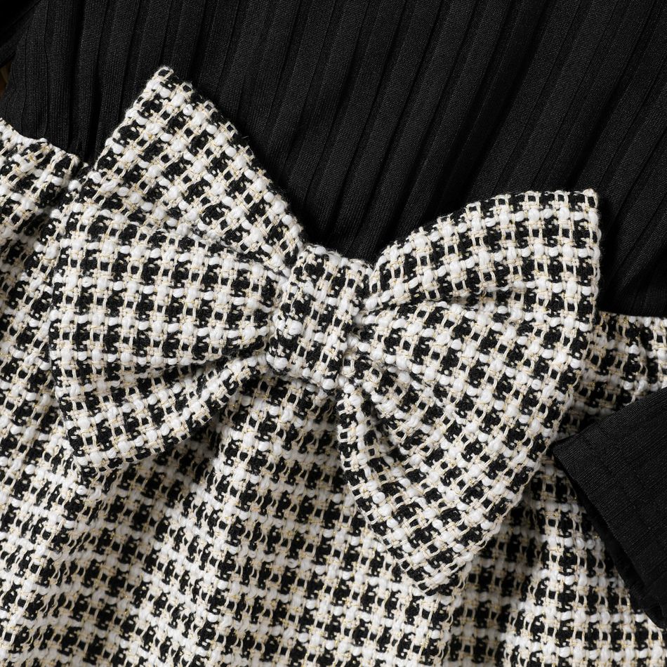 Baby Girl Ruffle Long-sleeve Rib Knit Spliced Tweed Bow Front Dress BlackandWhite big image 4