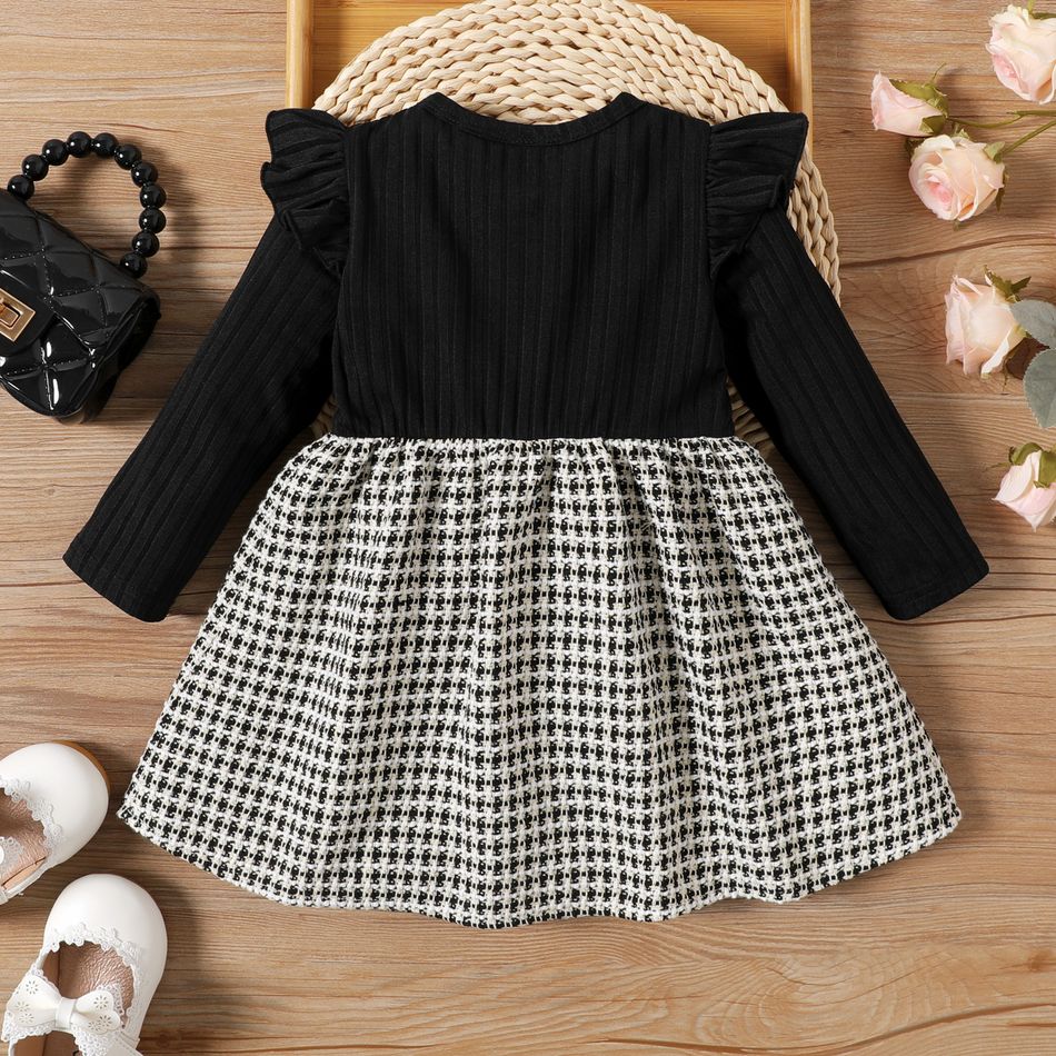 Baby Girl Ruffle Long-sleeve Rib Knit Spliced Tweed Dress or Top & Corduroy Skirt Set BlackandWhite big image 3
