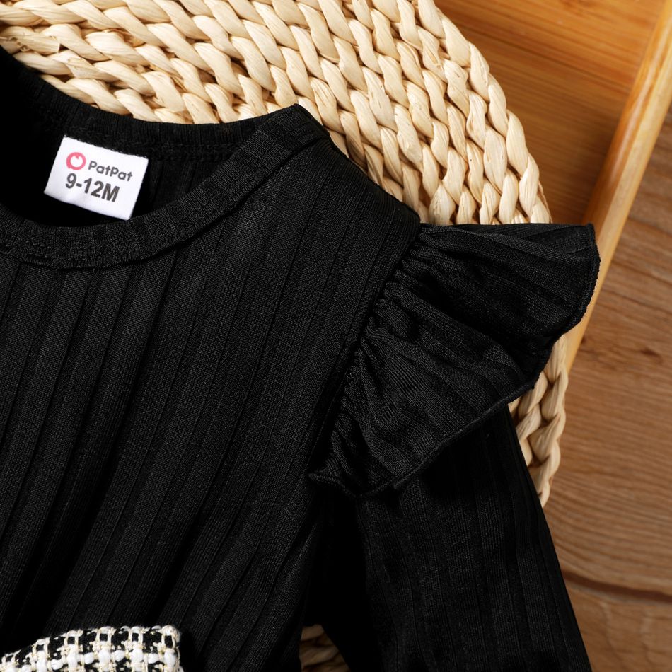 Baby Girl Ruffle Long-sleeve Rib Knit Spliced Tweed Bow Front Dress BlackandWhite big image 3