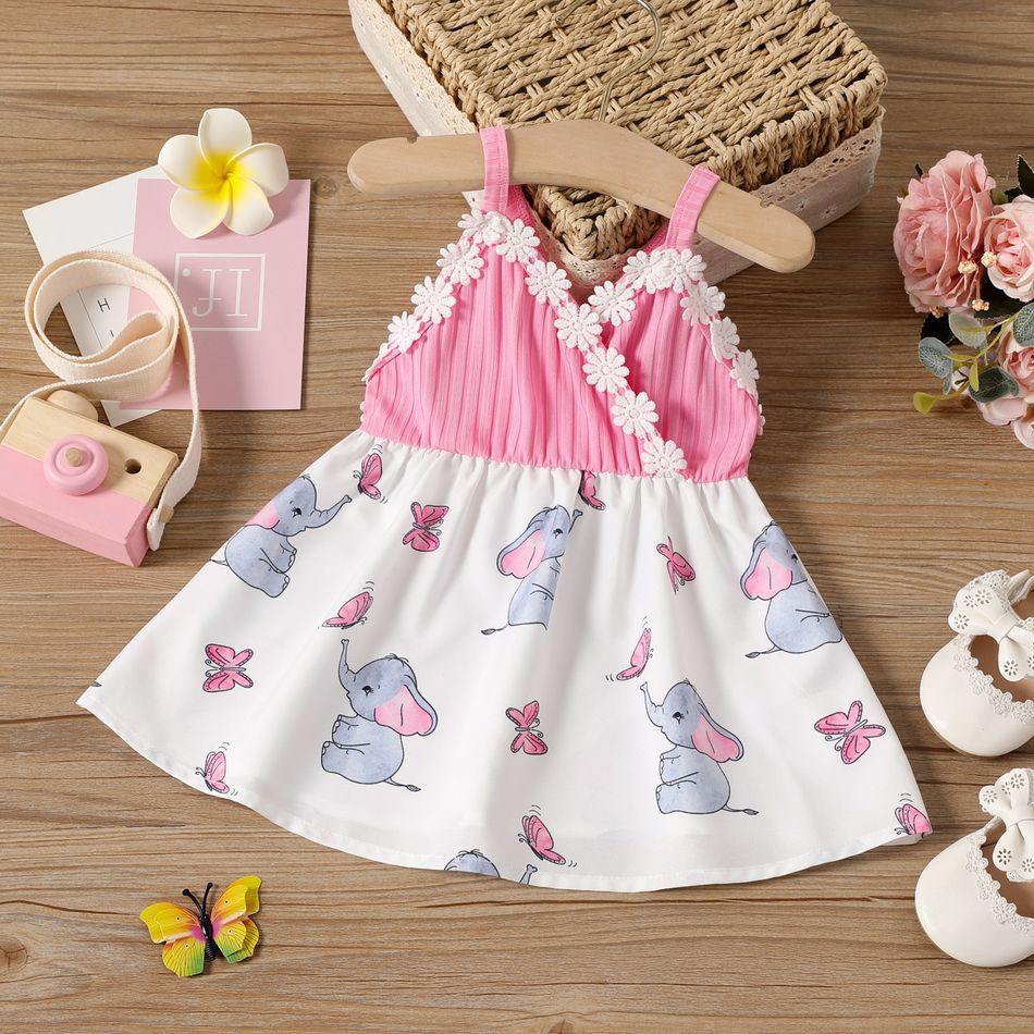 Baby Girl Ribbed Splicing Elephant Print 3D Floral Criss-cross Backless Cami Dress Pink