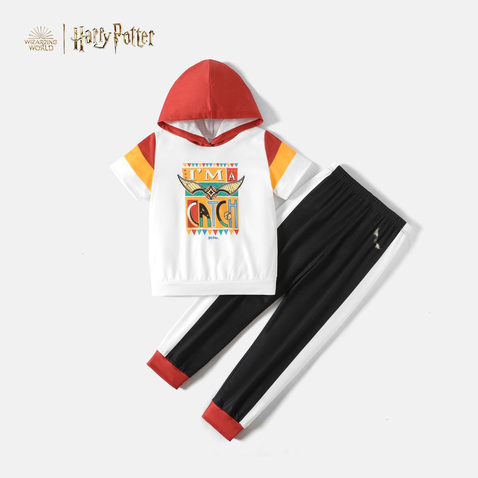 Harry Potter 2pcs Kid Girl Letter Print Colorblock Hooded Short-sleeve Tee and Elasticized Pants Set BlackandWhite