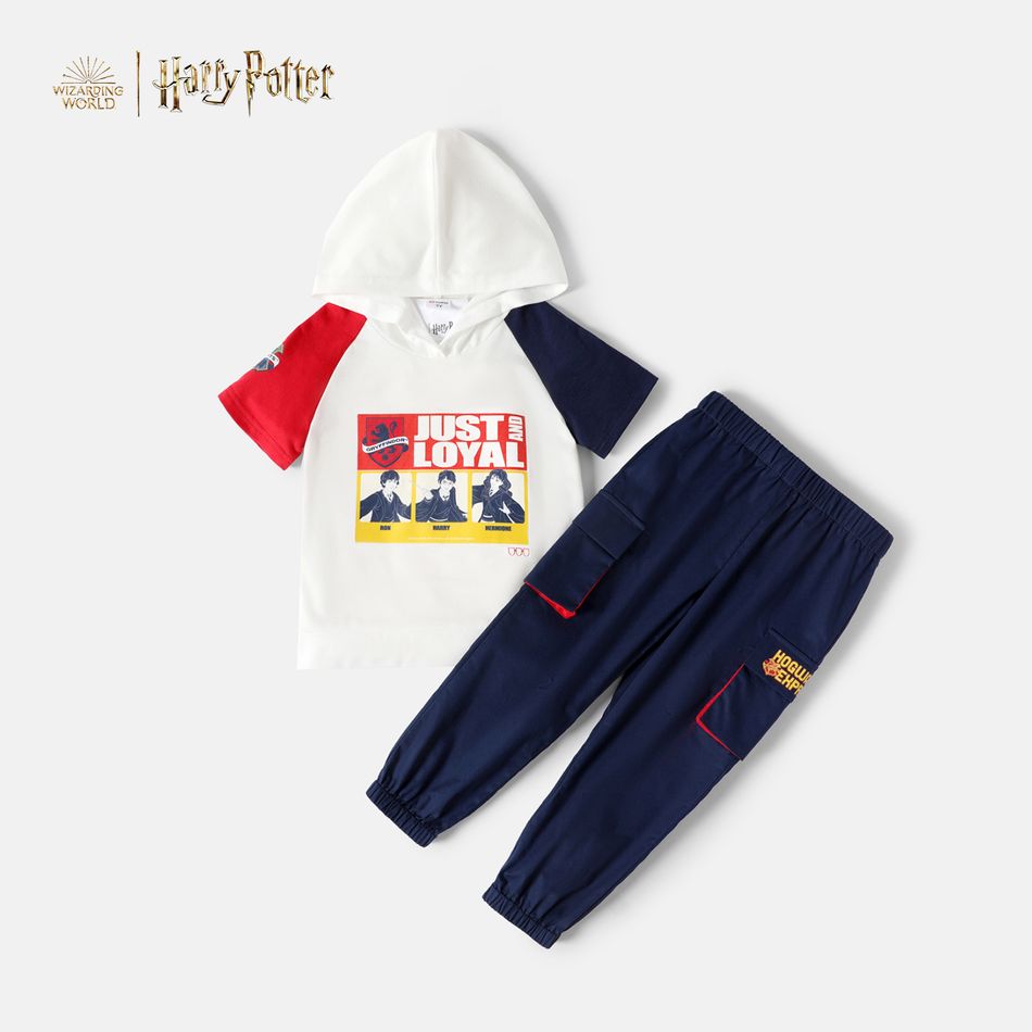 Harry Potter 2-teiliges Kleinkind-Jungen-Buchstabendruck-Farbblock-T-Shirt mit Kapuze, kurzes Raglanärmel-T-Shirt und Hosenset aus 100 % Baumwolle mit Taschendesign bunt