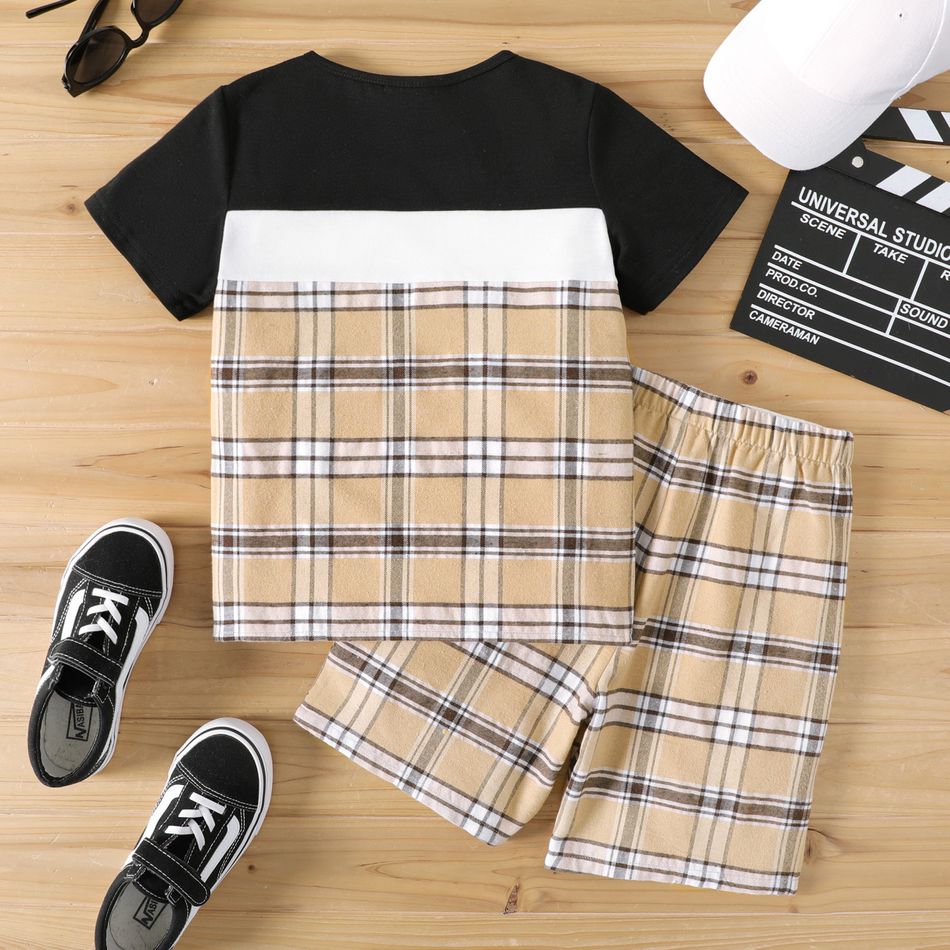 2pcs Kid Boy Casual Plaid Colorblock Short-sleeve Tee and Elasticized Shorts Set Khaki big image 5
