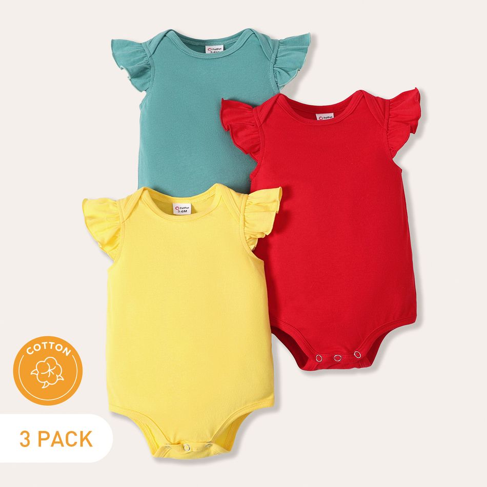 100% Cotton 3pcs Baby Girl Solid Flutter-sleeve Rompers Set ColorBlock