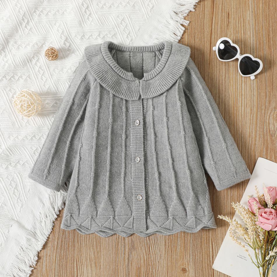 Toddler Girl Solid Color Doll Collar Textured Button Design Sweater Grey