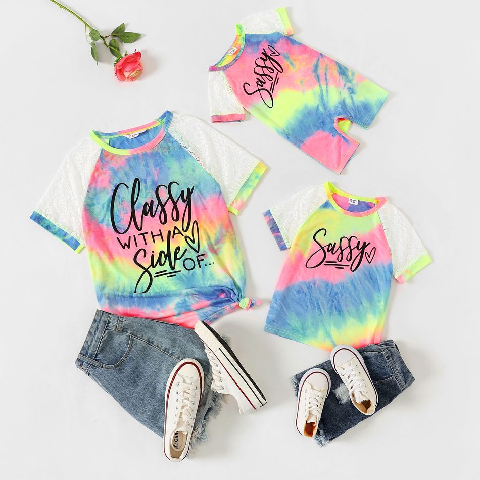 Letter Print Tie Dye Spliced Lace Raglan-sleeve T-shirts for Mom and Me Pink