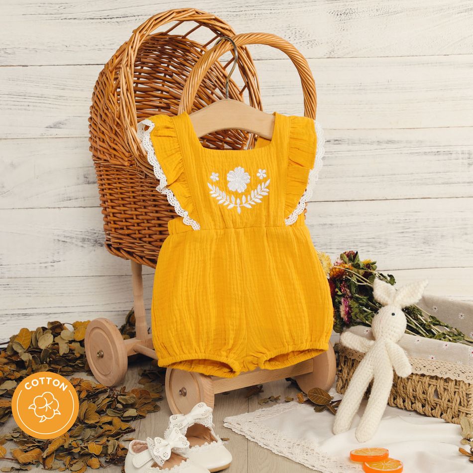 Baby Girl Floral Embroidered 100% Cotton Crepe Sleeveless Lace Ruffle Romper Ginger-2 big image 1