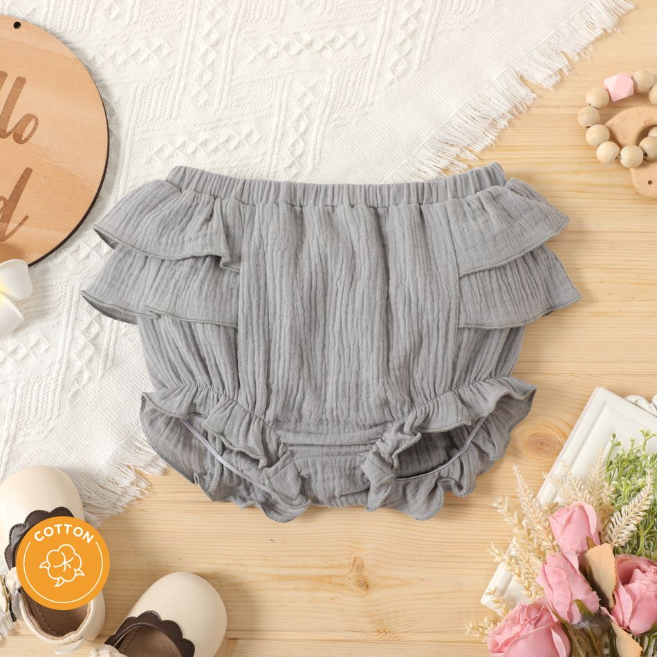 100% Cotton Crepe Baby Girl Solid Layered Ruffle Shorts Grey big image 1