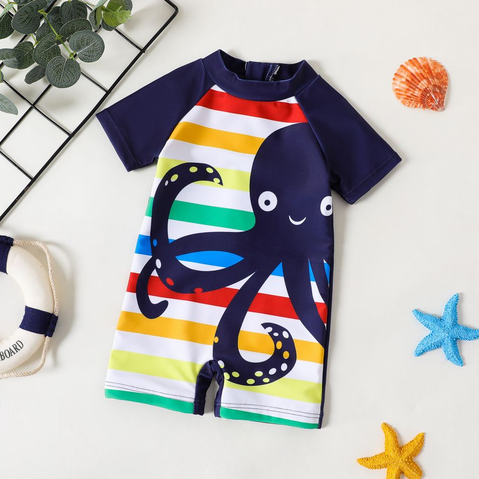 Baby Boy Cartoon Octopus Print Colorful Striped Short-sleeve One-Piece Swimsuit Tibetanblue