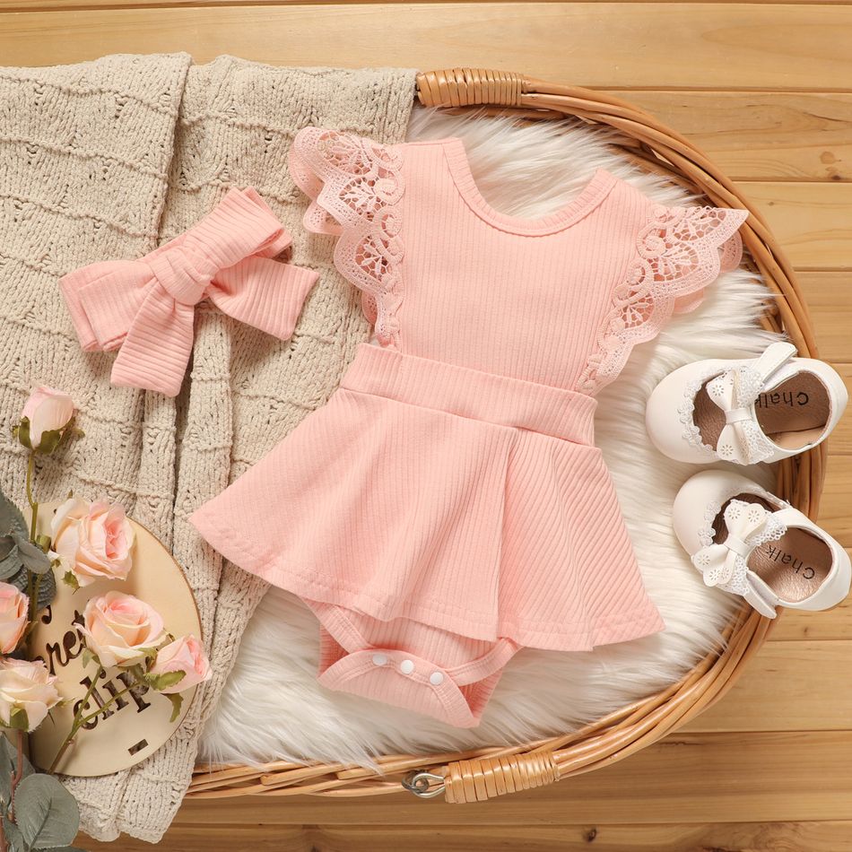 2pcs Baby Girl 95% Cotton Lace Flutter-sleeve Solid Ribbed Romper with Headband Set Pink