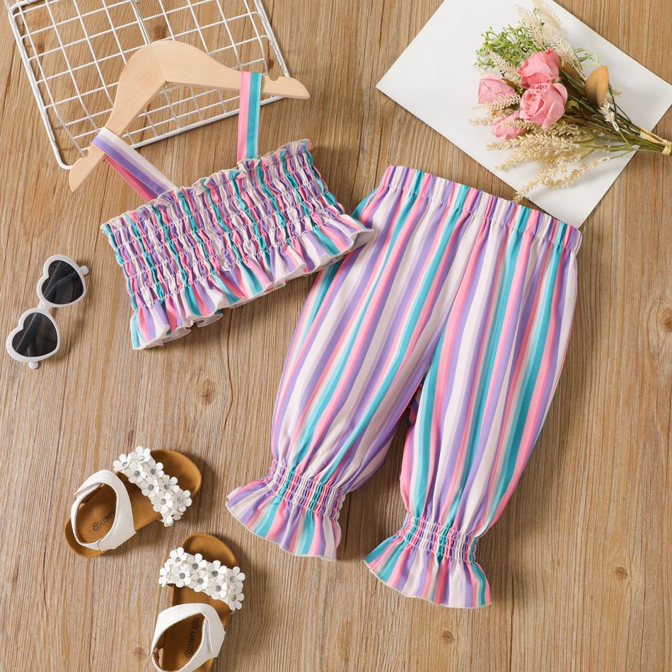 2pcs Toddler Girl Colorful Stripe Smocked Camisole and Pants Set COLOREDSTRIPES