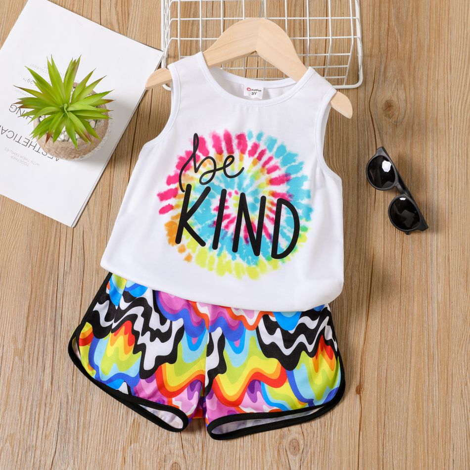 2pcs Toddler Boy Letter Print Tie Dyed Tank Top and Allover Print Shorts Set Colorful big image 1