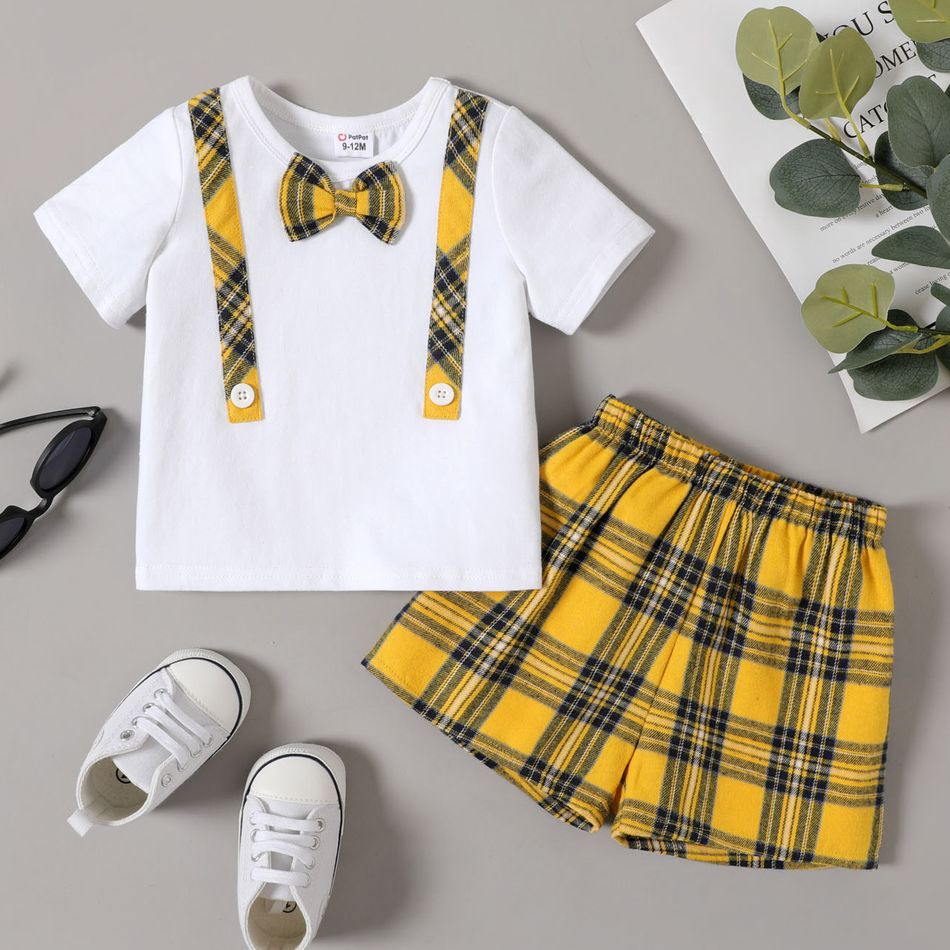2pcs Baby Boy 95% Cotton Short-sleeve Bow Tie T-shirt and Plaid Shorts Set Yellow