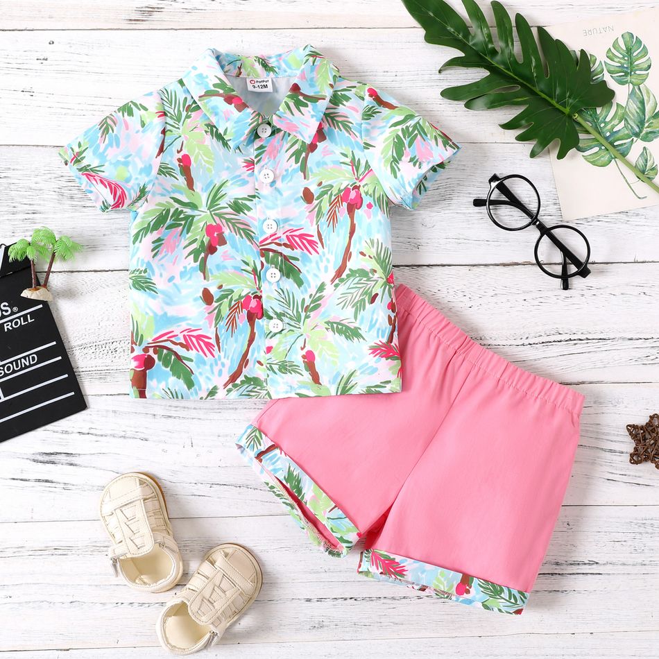 2pcs Baby Boy 100% Cotton Shorts and Allover Tropical Print Short-sleeve Shirt Set Pink