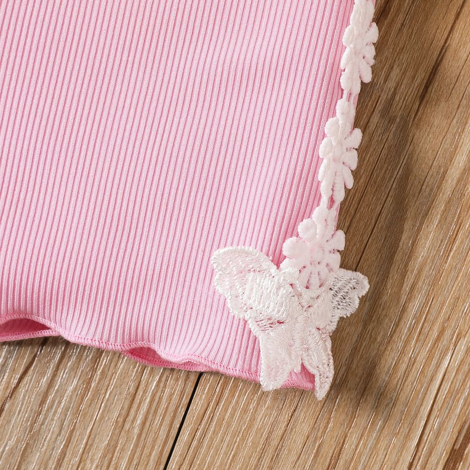 Baby Girl Floral Applique Detail Solid Rib Knit Shorts Light Pink big image 5