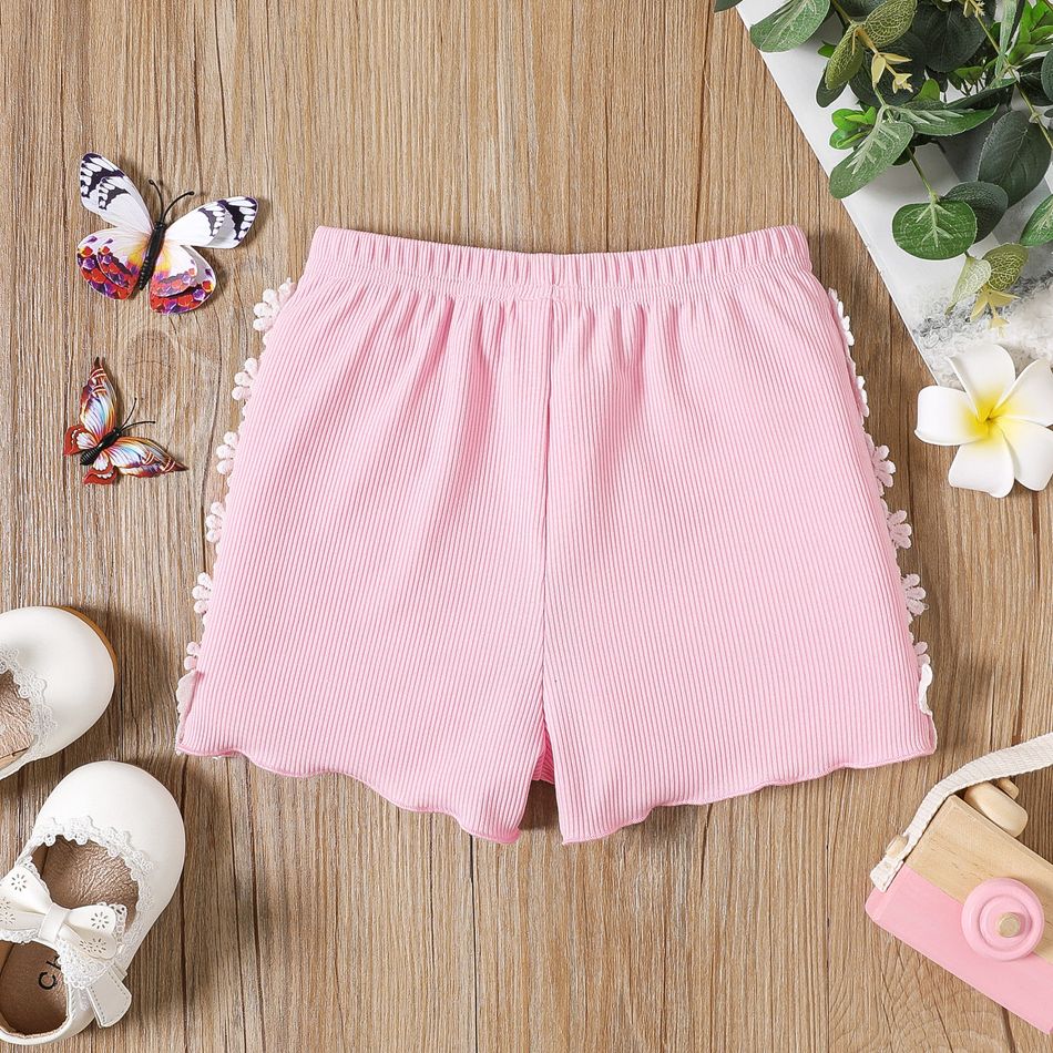 Baby Girl Floral Applique Detail Solid Rib Knit Shorts Light Pink big image 3