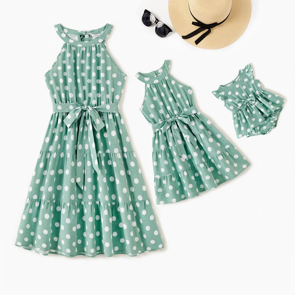 Green Polka Dots Tie Back Halter Neck Belted Sleeveless Dress for Mom and Me honeydew