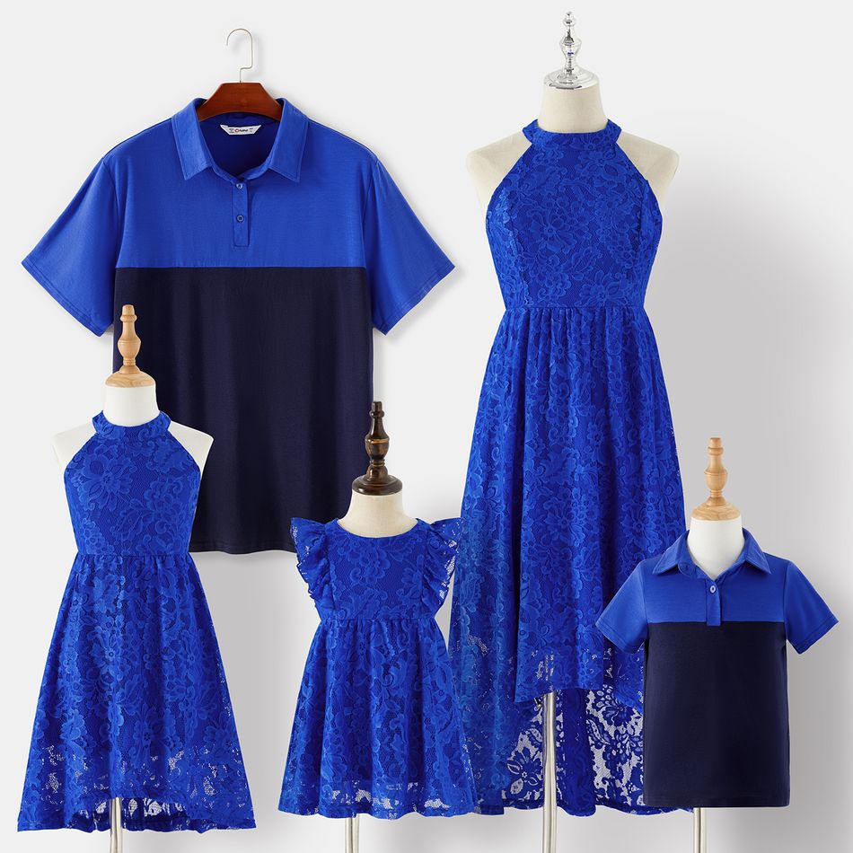 Family Matching Blue Lace Halter Sleeveless Dresses and Colorblock Short-sleeve Polo Shirts Sets Blue
