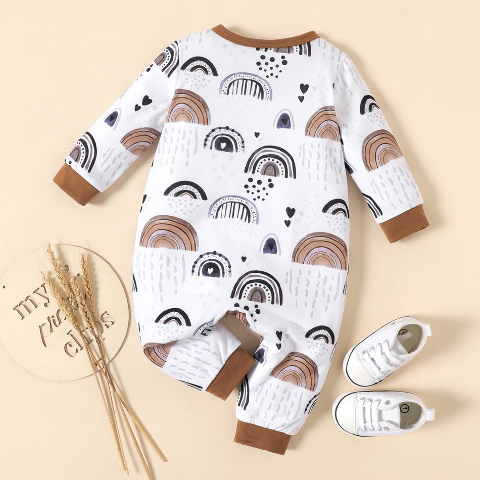 Baby Boy Allover Rainbow Print Long-sleeve Snap Jumpsuit Brown&White big image 2