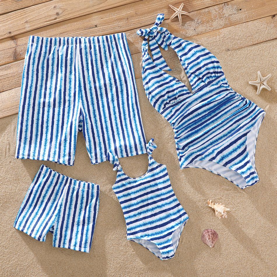 Family Matching Tie Dye Striped Halter One-Piece Swimsuit and Swim Trunks Shorts Blue