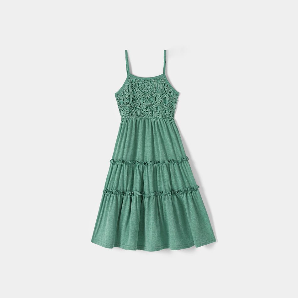 Family Matching Green Lace Splice Lettuce Trim Cami Dresses and Striped Short-sleeve T-shirts Sets greenwhite big image 5