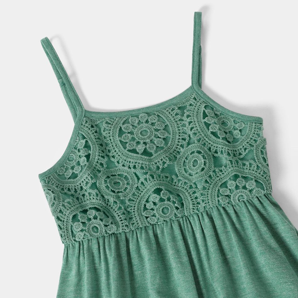 Family Matching Green Lace Splice Lettuce Trim Cami Dresses and Striped Short-sleeve T-shirts Sets greenwhite big image 7