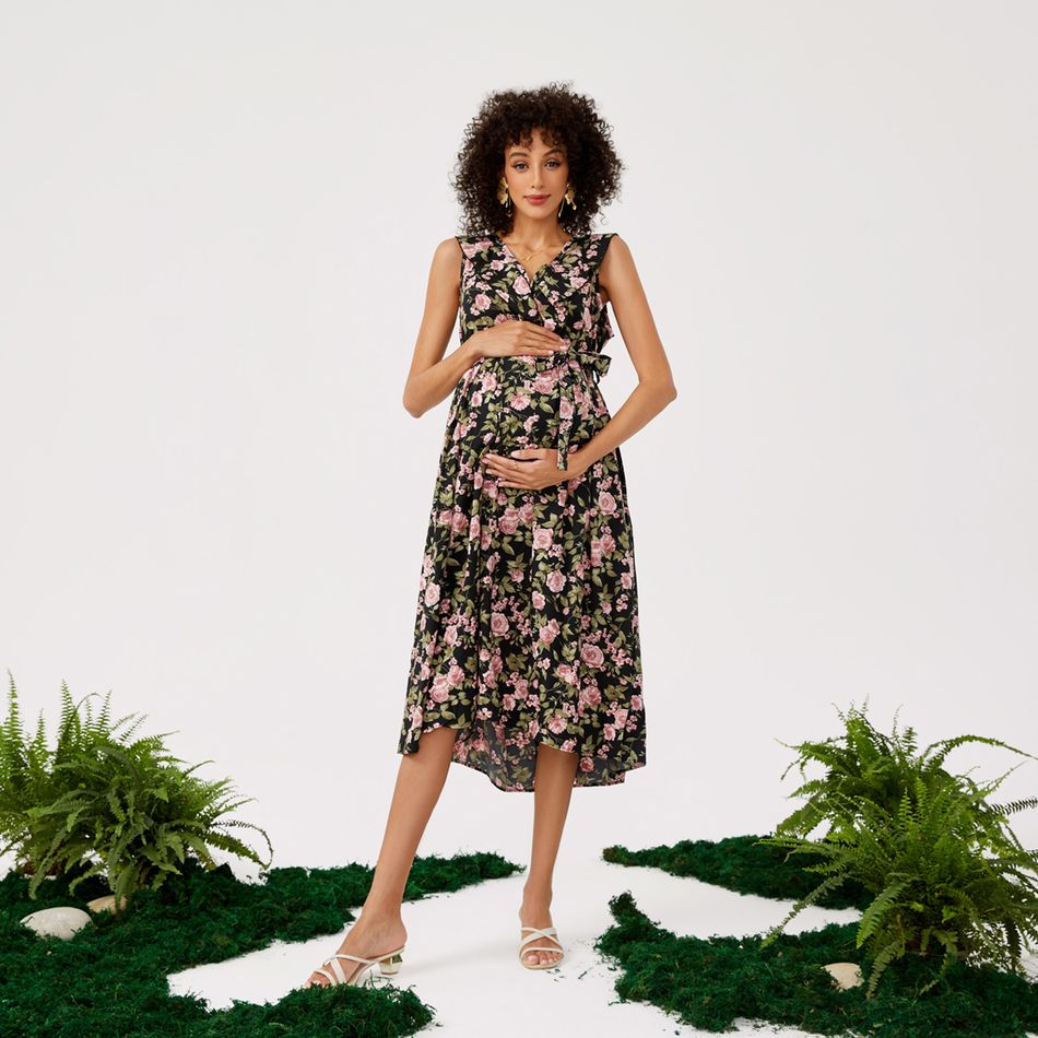 Maternity Floral Print Ruffled Tank Dress Black