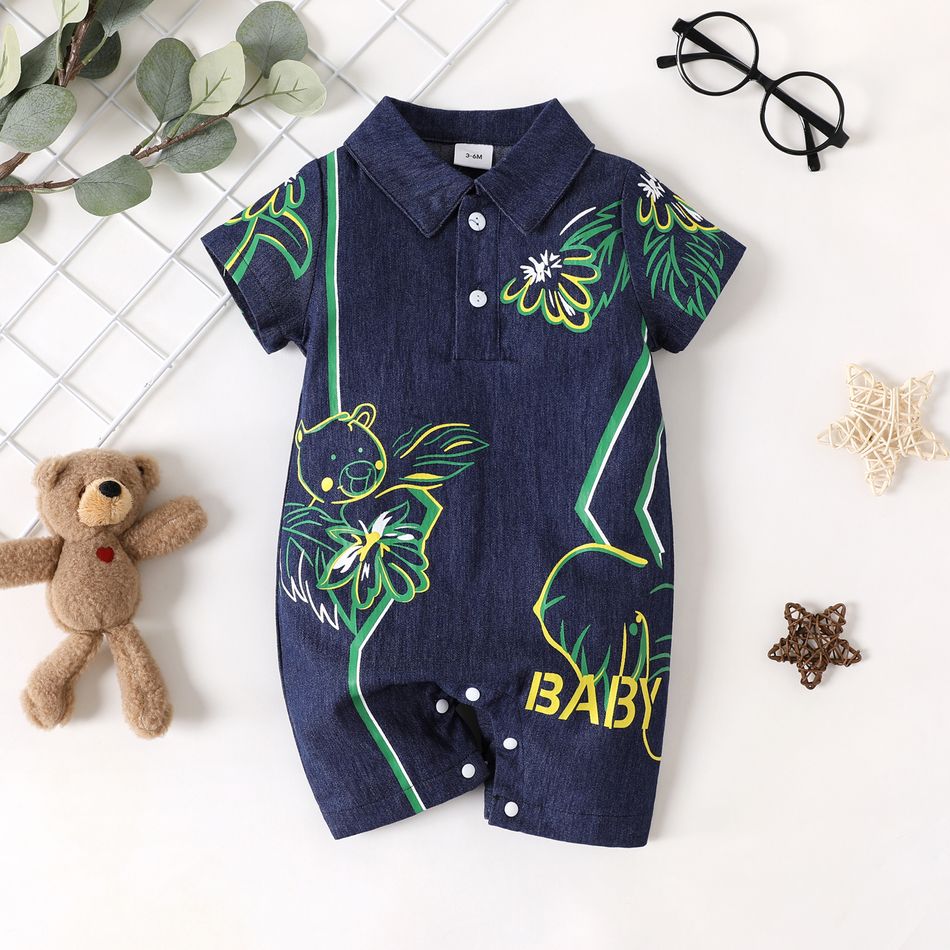 Baby Boy Animal & Plant Print Denim Short-sleeve Button Up Romper DENIMBLUE