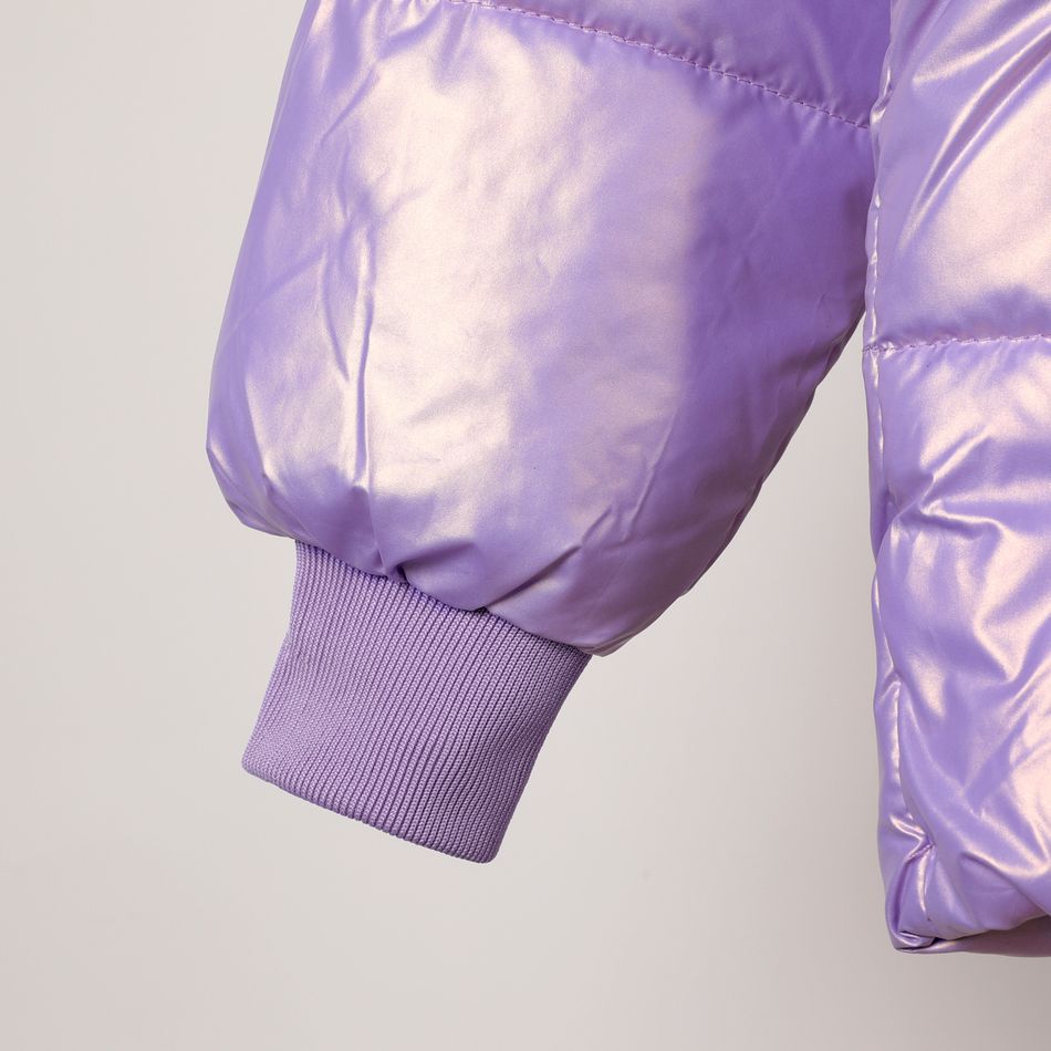 Kid Girl Letter Print Metallic Zipper Hooded Puffer Down Coat Light Purple big image 3