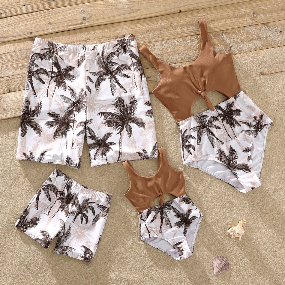 Family Matching Solid Splicing Allover Coconut Tree Print Cut Out One-Piece Swimsuit and Swim Trunk Shorts LightBrown