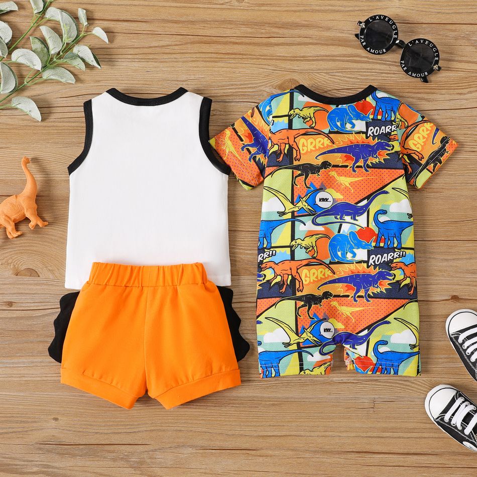 3-Pack Baby Boy 95% Cotton Letter Print Tank Top and Solid Shorts with Allover Dinosaur Print Romper Set White big image 5