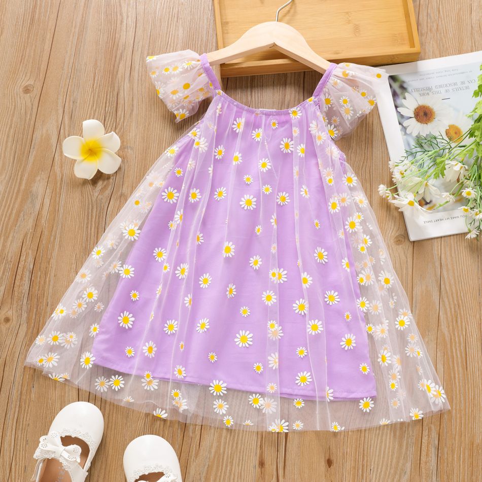 Dress Like Wind Toddler Girl Daisy Allover Mesh Layered Sleeveless Purple Dress Light Purple